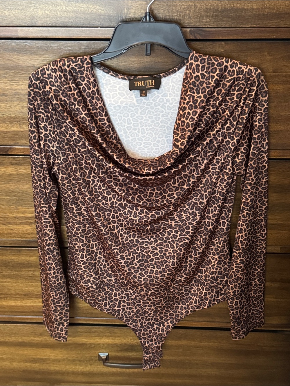 Truth Leopard Print Cowl Neck Long Sleeve Bodysuit - Brown